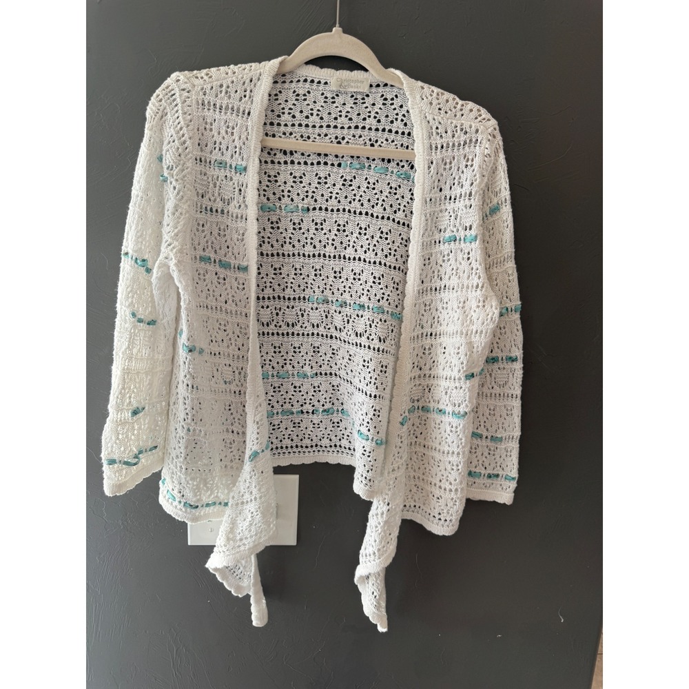 Christopher & Banks Vintage Cottage White Pointelle Knit Open Front Cardigan L